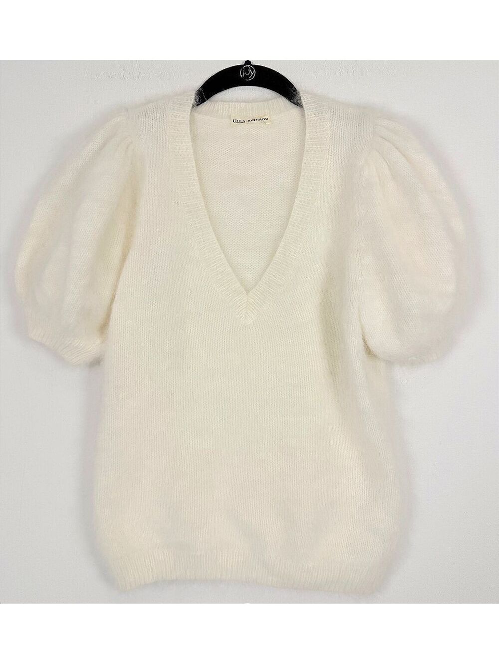 Ulla Johnson Aries Ivory Fuzzy Mohair V Neck Puff Short Sleeve Sweater Size M